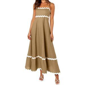 Women Khaki Spaghetti Straps Sleeveless Square Neck Smocked Rickrack Maxi Dress